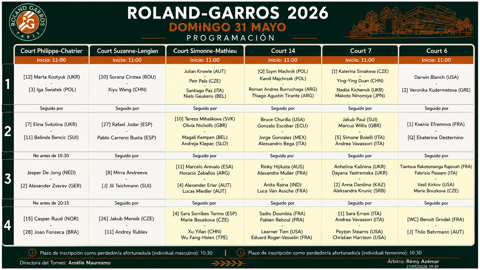 Roland Garros 2026 Programacion 31 Mayo – Match Tenis