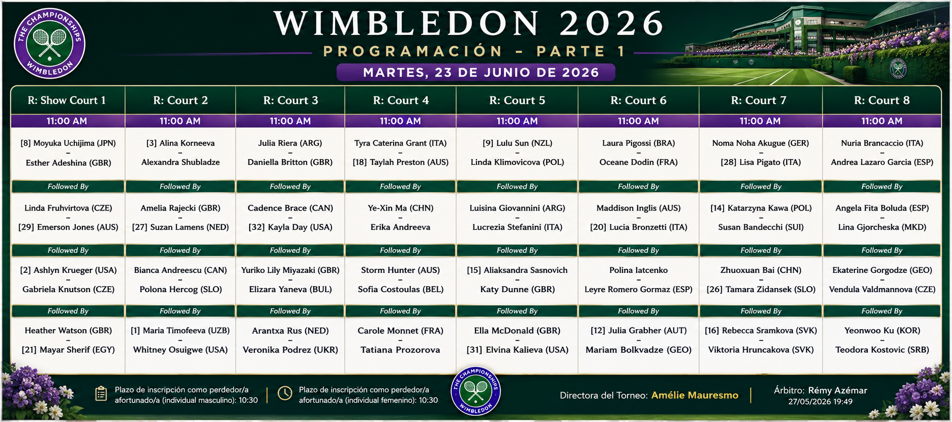 Programacion Wimbledon 2026 23 Junio &ndash; Match Tenis