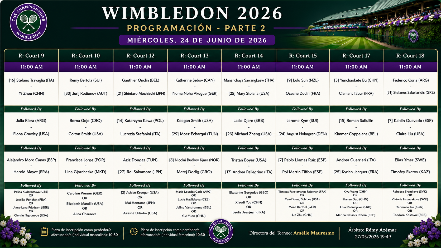 Programacion Wimbledon 2026 24 Junio 2 – Match Tenis