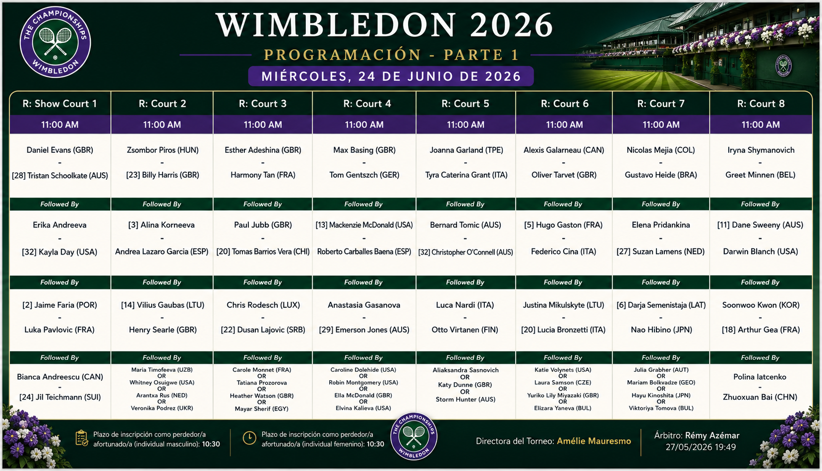 Programacion Wimbledon 2026 24 Junio – Match Tenis
