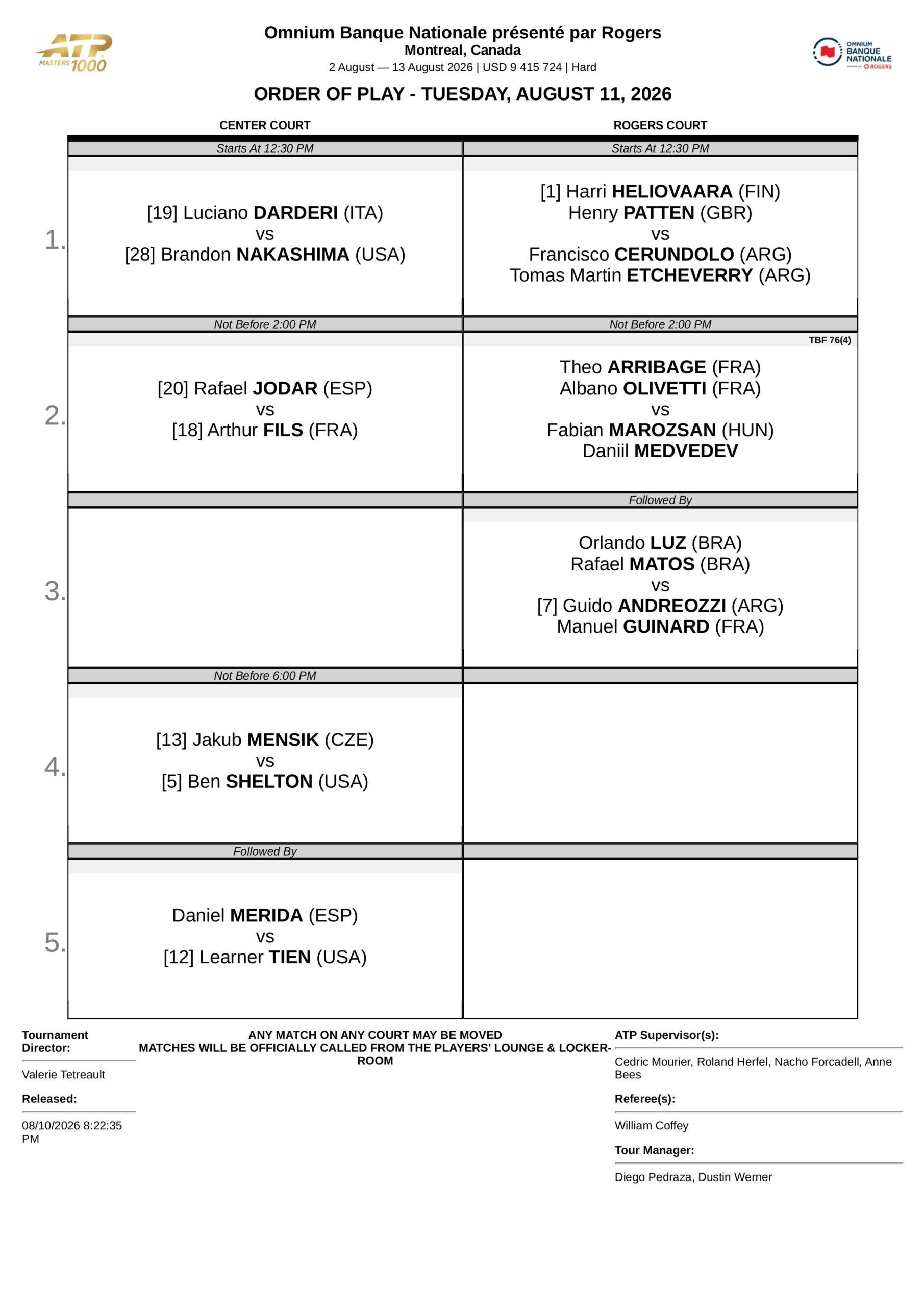 Programacion 11 Agosto Montreal 2026 scaled – Match Tenis