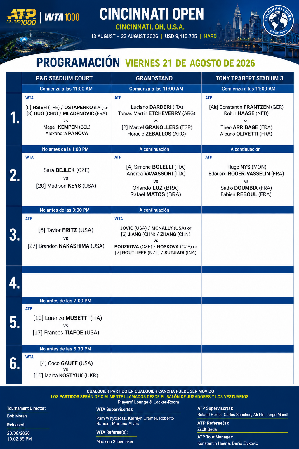 Programacion Cincinnati 21 Agosto – Match Tenis
