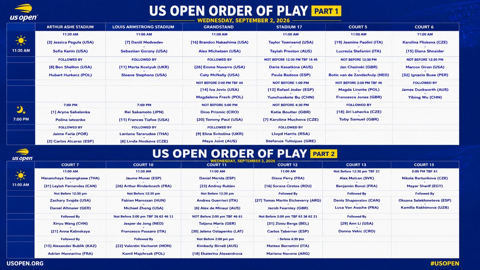 Programacion US Open 2 Septiembre 2026 &ndash; Match Tenis
