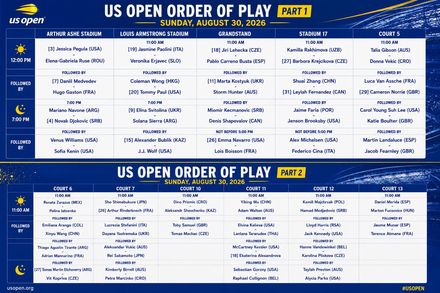 Programacion US Open 2026 30 Agosto – Match Tenis