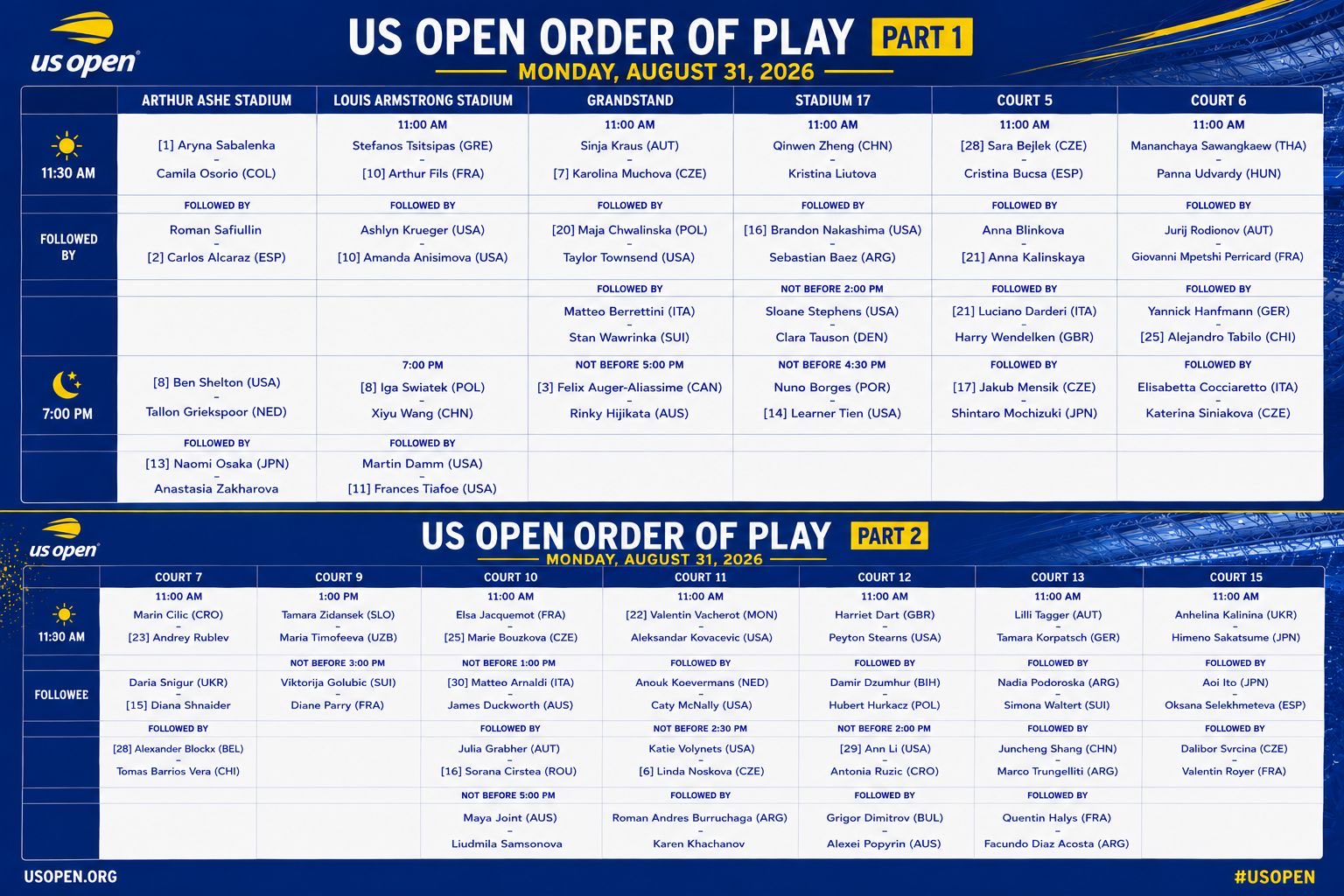 Programacion US Open 2026 Lunes 31 de agosto &ndash; Match Tenis