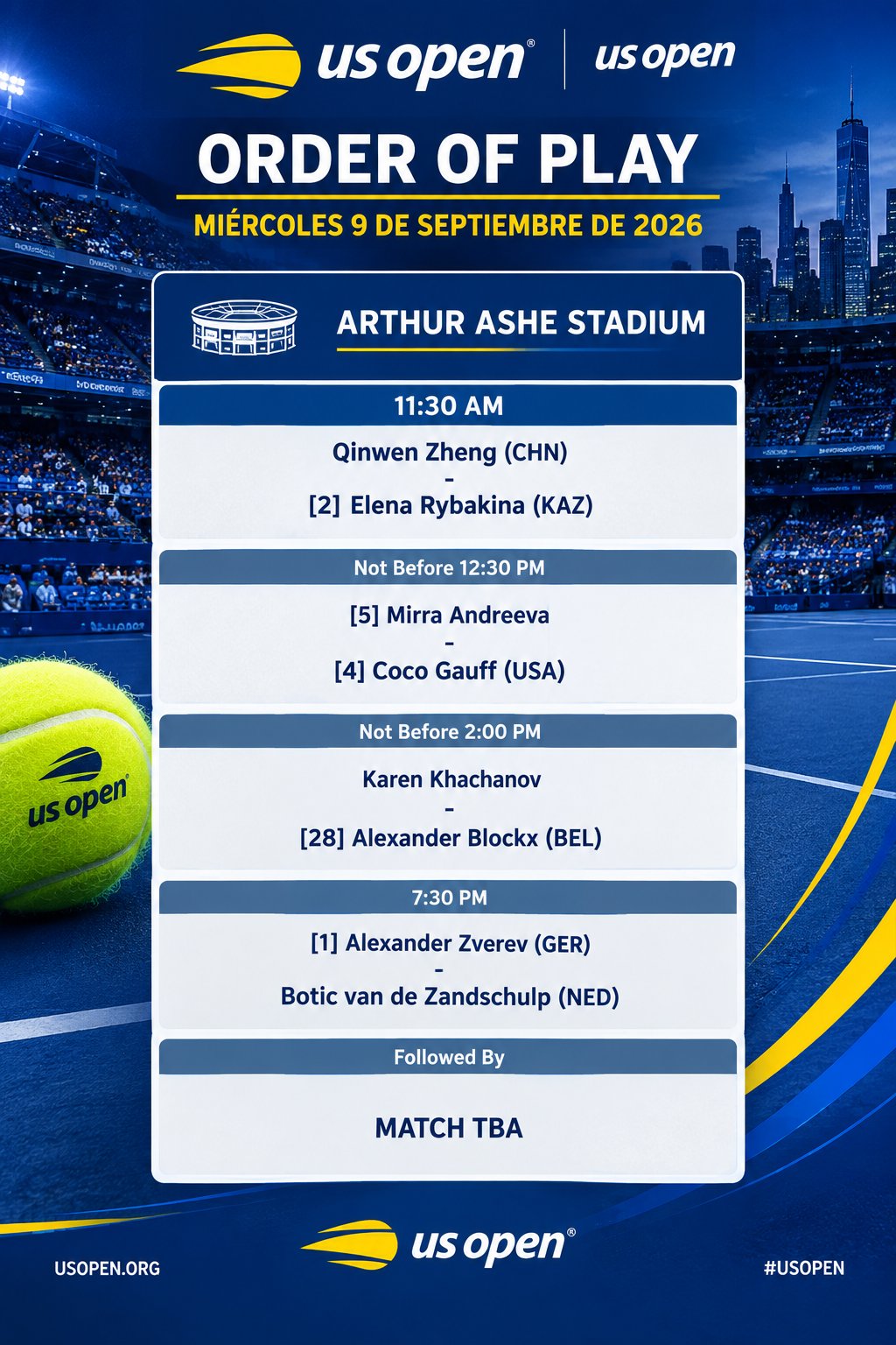 Programacion US Open 2026 9 Septiembre – Match Tenis